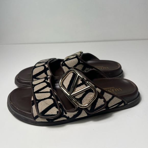 Valentino Garavani Toile Iconograph Double Strap V-Logo Slide Sandals Mule - Picture 11 of 15